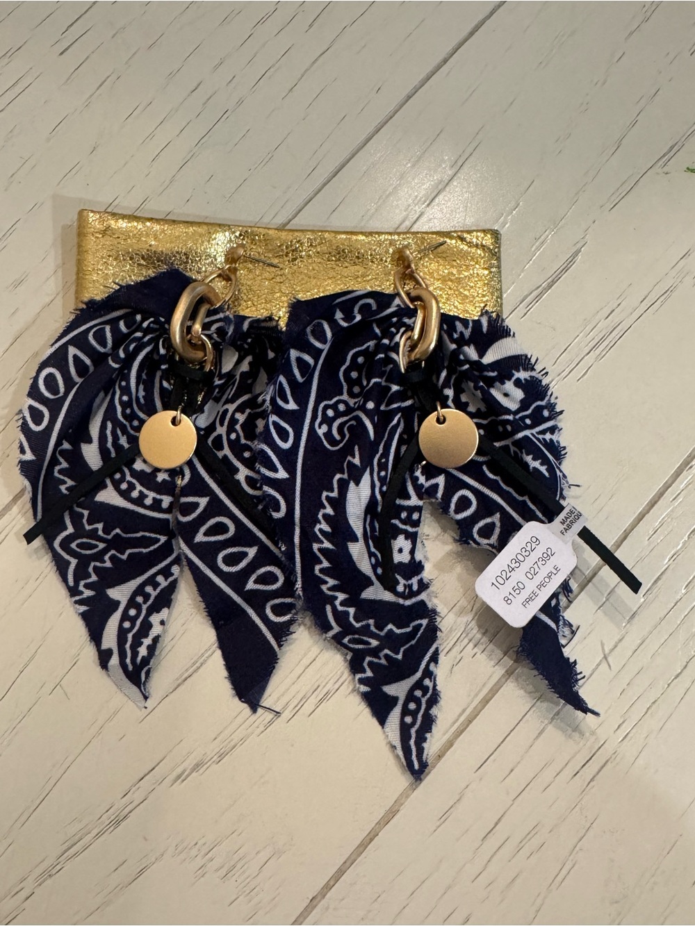 Free People NWT GOLD Earrings with Navy and White Bandana Tassels